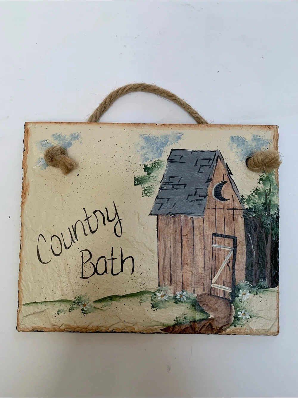 Collectibles Handmade & Painted Country Bath Rustic Hanging Sign.Pre-Owned.8x6.5